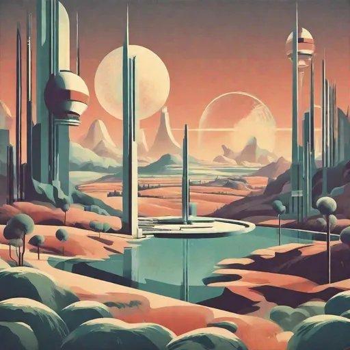 Prompt: Utopian retro futuristic society art deco 1950’s minimalistic landscape
