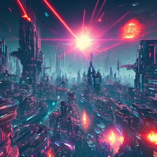 Prompt: Floating cities filled with futuristic cyberpunk signs and billions of people surround by laser gun fire and explosions.