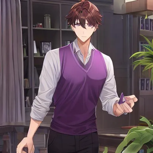 Prompt: male, brown hair, purple eyes, tall, handsome
