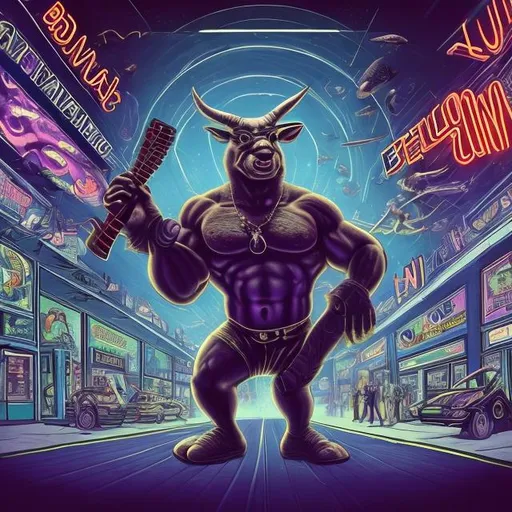 Prompt: Bodybuilding Bullwinkle, playing guitar for tips in a busy alien mall, widescreen, infinity vanishing point, galaxy background