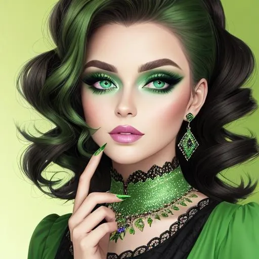 Prompt: A woman all in green, green eyes, pretty makeup