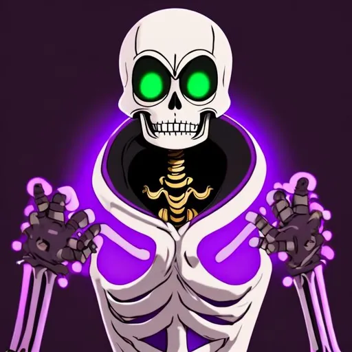 Prompt: A slim 5'9 skeleton with glowing white eyes and wearing a purple and green hoodie with a gold heart locket pendent and black fingerless gloves smiling animated undertale