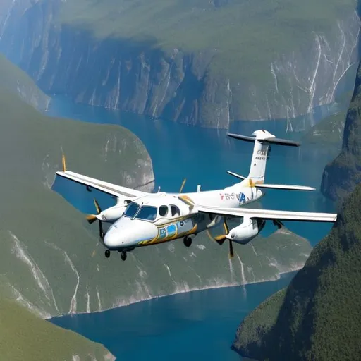 Prompt: dash 8 aircraft flying down a fjord looking down at a 45 degree angle
