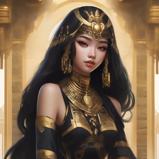 Prompt: pretty young Indonesian woman in a black and gold costume, egyptian art by Pu Hua, trending on cg society, rococo, anime, ornate, fantasy