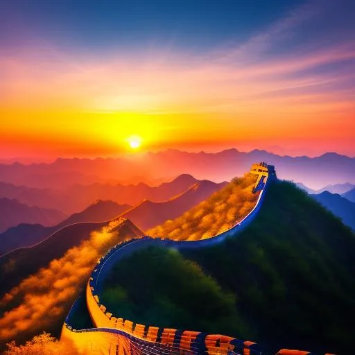 Prompt: An impressionist photo of a sunset over the Great Wall of China made of gumdrops.