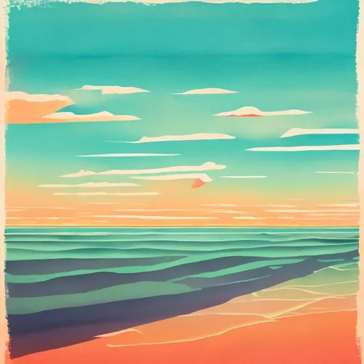 Prompt: liminal space, summer colors, stylized painting of a beach
