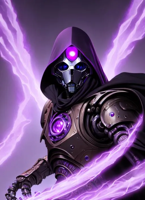 Prompt: portrait of warforged  warlock  with short, purple eyes, black cloak , in purple maitek background, D&D setting,  perfect composition, hyperrealistic, super detailed, 8k, high quality, trending art, trending on artstation, sharp focus, studio photo, intricate details, highly detailed, by greg rutkowski and alphonse mucha

