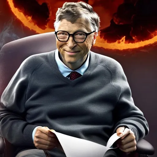 Prompt: Bill Gates as Satan sitting on a recliner knitting in hell with fire behind him