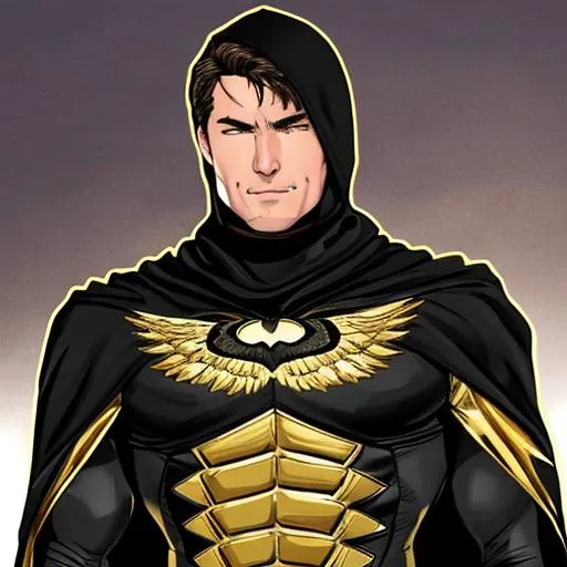 Prompt: eagle-cowl nighthawk inspired adult male superhero black and gold costume with gold and black cape
