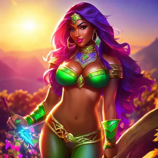 Prompt: Epic, D&D, Cinematic. full body, (an attractive African American woman), (gorgeous face, glossy lips), muscle woman. (Big Breasts), {green glitter}, dressed in a skimpy bikini, {slingshot bikini}, shiny brilliant cloth armour, heroic pose. grapes vine garden, glass of wine, Greek columns, overgrown vines, sunny day, bright blue sky, green grass.