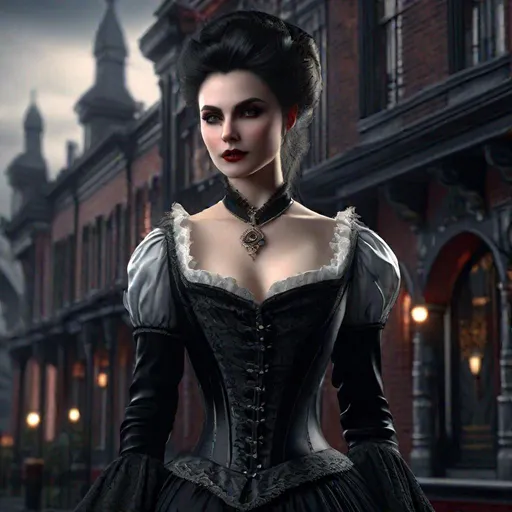 Prompt: Lady vampire with black hairy, victorian city, myst, highly detailed, professional, render, Sharp focus, HD, UHD, HDR, hyperrealistic 