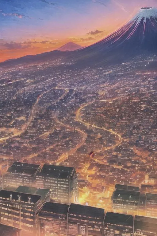Prompt: Art, Anime, Anime view, sunset, mountain fuji, town, city, beautiful sky, Ado