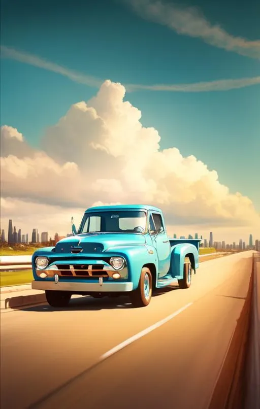 Prompt: A blue 1953 Ford F-100 driving g away from a vintage American city skyline. Dramatic sky and clouds. 
