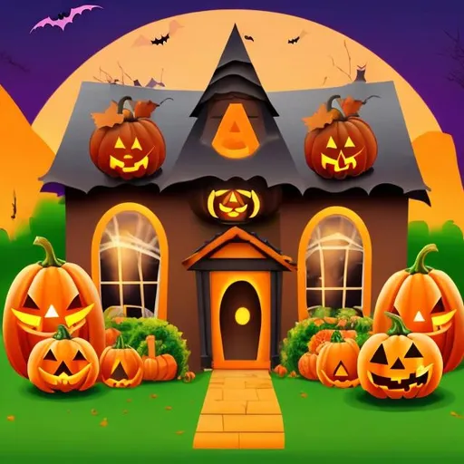 Prompt: A Halloween pumpkins pie in front of a house, with white background, for kids ages 4-8.