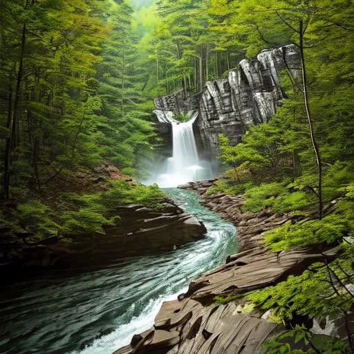 Prompt: Realistic path on the Apalachian mountains rounded of beautiful forest and water falls
