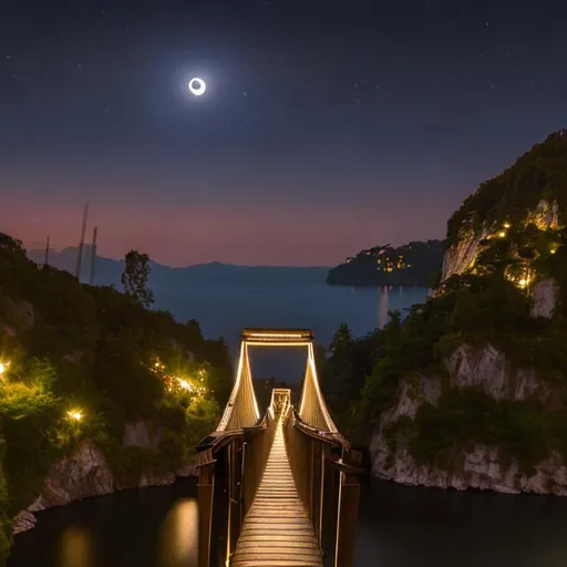 Prompt: summer moon night lake hills light bridge