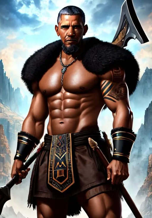Prompt: UHD, , 8k, high quality, poster art, (( Aleksi Briclot art style)), Barack Obama, hyper realism, Very detailed, full body, muscular, view of a middle aged man, no shirt, beard, Barbarian, tribal tattoo, black hair, dark eyes, giant battle axe, brown skin. black leather armor, dynamic pose, mythical, ultra high resolution, light and shading in 8k, ultra defined. 