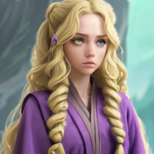 Prompt:  jedi girl with long, blonde, curly hair, purple clothes and green eyes  from star wars is listening to her master