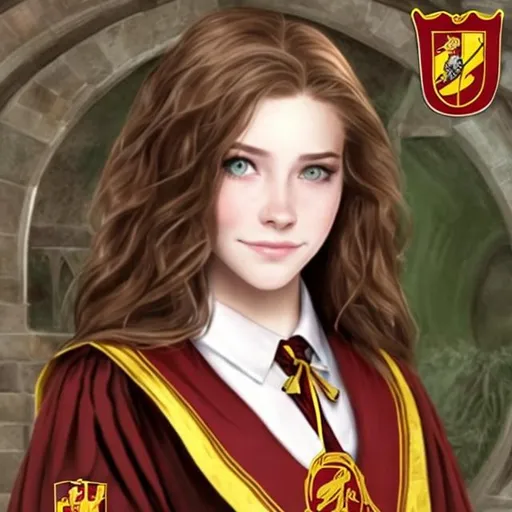 Prompt: brown-haired, green-eyed beautiful woman as a Gryffindor student at Hogwarts