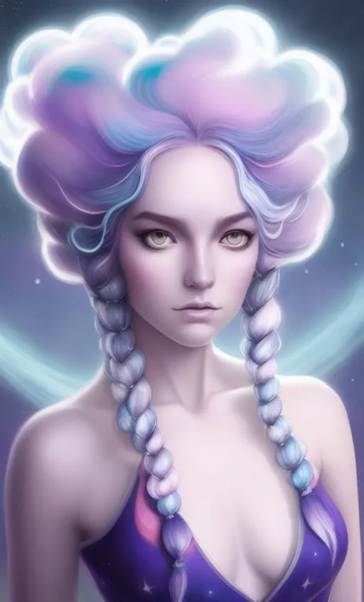 Prompt: beautiful cool girl with cosmic hairstyle. Her Hair is made of white puff glowing clouds in a updo held by glowing shooting stars, planets and the moon. dramatic lighting coming from the planets, aesthetic, inspiring, creative, hyperdetailed, rim lighting, art by artgerm , Peter mohrbacher, Greg rutkowaski, Tom Bagshaw, WLOP, digital art, smooth, aesthetic, glow, shimmer