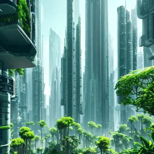 Prompt: Futuristic City White tall skyscrapers overgrown lush green plants
