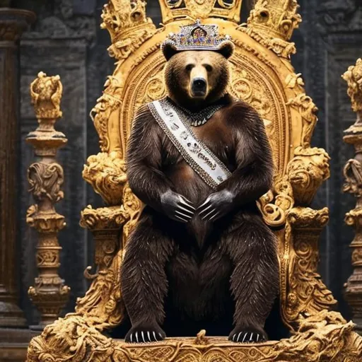 Prompt: Brown Bear King wearing a crown standing next to a throne