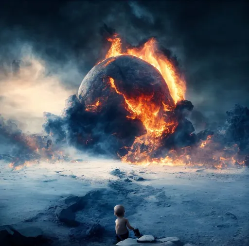 Prompt: Baby sitting in the middle of the  apocalypse end of the world on fire , ultra realistic photography, classic film look, cinematic framing, hdr, 4k, lullabye, album artwork 