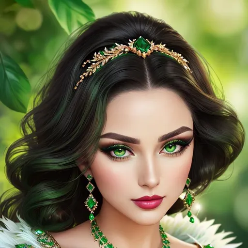 Prompt: an emerald lady, feminine elegant princess ,  dark hair, large green eyes, wearing jewels in her hair,  beautiful makeup, green eyeshadow eyeshow natural color lipsticklipstick, facial closeup