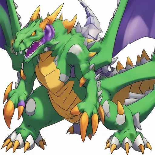 Prompt: A  Digimon whose body bears a striking resemblance to a dragon.  ferocious despite its small size, and anyone who makes careless movements in front of it will get blown at with the high temperature gas formed within its body, colors are primarily vivid green with some orange-yellow and white and grey with purple eyes, best quality, masterpiece, in cartoon style