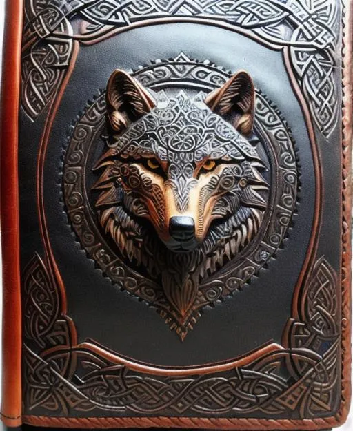 Prompt: A carved leather bookcover about fenris wolf   ,with intricate background details from norse and celtic symbols