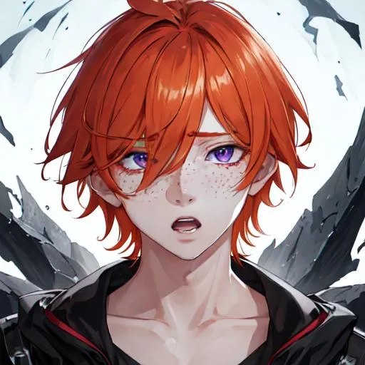 Prompt: Erikku male adult (short ginger hair, freckles, right eye blue left eye purple) UHD, 8K, Highly detailed, insane detail, best quality, high quality,  anime style, in purgatory, yelling, upset, crying out for help