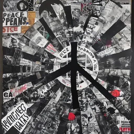 Prompt: peace, world unite, protest, punk art, collage art, black and white, no war