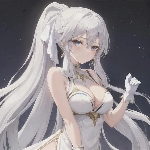 Prompt: masterpiece, best quality, (1girl, very long hair, dress, white hair, solo, bare shoulders, ponytail, hair ornament, gloves, white dress, sleeveless dress, jewelry, earrings, blue eyes, sleeveless, symbol-shaped pupils, hair between eyes, looking at viewer, cleavage, outdoors, upper body, field), <lora:Kiana_HoF_Time_Runner-10:0.7>, sakimichan