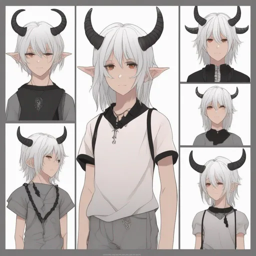 Prompt: Zaley 1female (white hair) {white demon horns} child, 10 years old, wearing a torn clothes