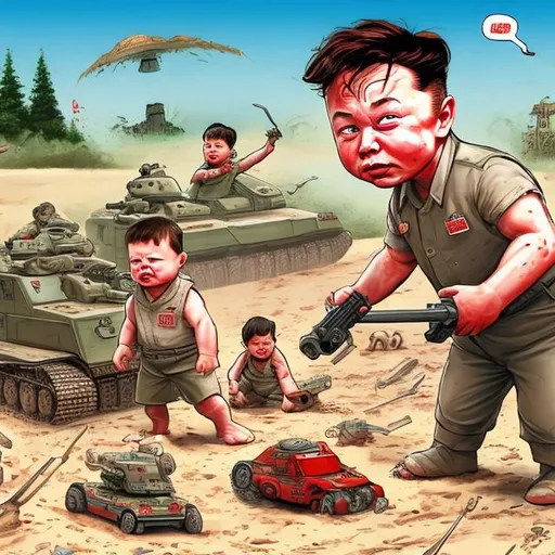 Prompt: Blood and flesh tiny Putin, little Kim Jong-Un, and little Elon Musk as toddlers in diapers playing together  in the sandbox with sand toys and several toy tanks, drones and satellite dish, Sergio Aragonés MAD cartoon style