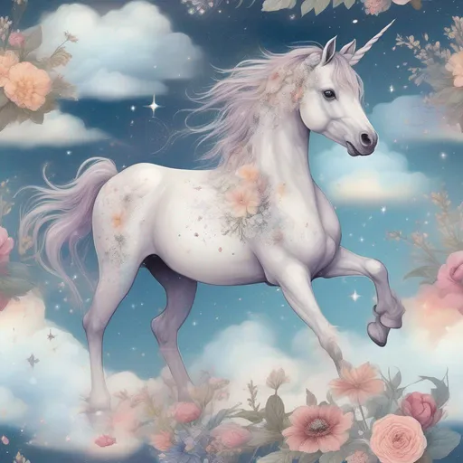 Prompt: A beautiful unicorn with constellations on its sides, walking in a field of clouds and flowers in a painted style