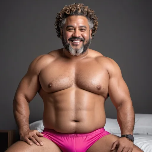 Prompt: very in-depth detail full body selfie of a very handsome, middle-aged Afro-Latino hairy chubby man with short sandy brown curly ethnic hair, light eyes, thick pink lips, "hyperreal detailed face", calm smile, attractive pink lips, moobs, fat buttocks, in tight boxers, playful, slightly pudgy, whole body in shot, detailed facial features, detailed locs, hyperreal, perfect composition, hyperrealistic, super detailed, 8k, high quality, sharp focus, studio photo, photography, natural light, intricate details, highly detailed, hyperrealistic, soaked, real texture, full body portrait of "insolent" hypermasculine man ,with thick "hairy muscular thighs", wearing "tight shirt", manspreading, huge package, arena, perfect composition, hyperrealistic, super detailed, 8k, high quality, social media travel post, sharp focus, studio photo, intricate details, highly detailed,