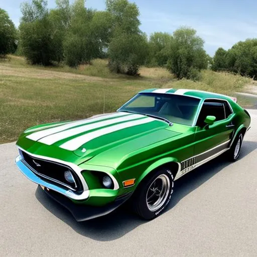 Prompt: 1972  metallic Green Ford Mustang, with small thin white stripes.