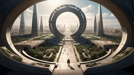Prompt: human-scale circular portal, portal leads to other cities realms worlds kingdoms, ring standing on edge, freestanding ring, hieroglyphs on ring, complete ring, obelisks, pyramids, futuristic towers, garden plaza, large wide-open city plaza, wide vista view, futuristic cyberpunk dystopian setting