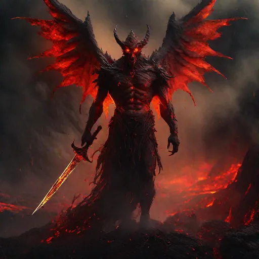 Prompt: An ancient winged demon, walking, holding a fiery sword, volcano scene, lava river, wings dripping blood, detailed scene, digital painting, glowing red eyes, smokey, foggy, hyperrealistic, fantasy, Surrealist, DSLR photography, 4K resolution, denoise by 10 steps, Seed: 18, artstation, highly detailed, sharp focus, wide angle shot, sci-fi, eerie, dystopian, cinematic lighting, dark fantasy, chromatic aberration, subsurface scattering, colorgrading, rim lighting, cinematic lighting, studio lighting, ray tracing, red back lighting. 