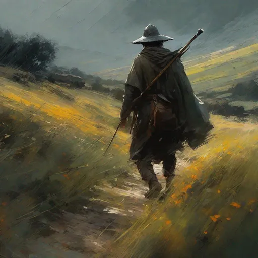 Prompt:  .scene form lord of the rings Frodo Beutlin walks through the field wiht gandalf the grey  masterpiece, textured Speedpaint with large rough brush strokes and paint splatter by Jeremy Mann, Carne Griffiths, Junji Ito, Robert Oxley, Ismail Inceoglu, masterpiece, trending on artstation, particles, oil on canvas, highly detailed fine art, ink painting, hyperrealism | Pixar gloss | polished, Anato Finnstark | Android Jones | Darek Zabrocki, Boris Vallejo, David