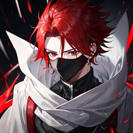 Prompt: Zerif 1male (Red side-swept hair covering his face,using a mask, on a lonely dark road, while walking, {heavy rainfall}, UHD, 8K, highly detailed, symmetrical, 