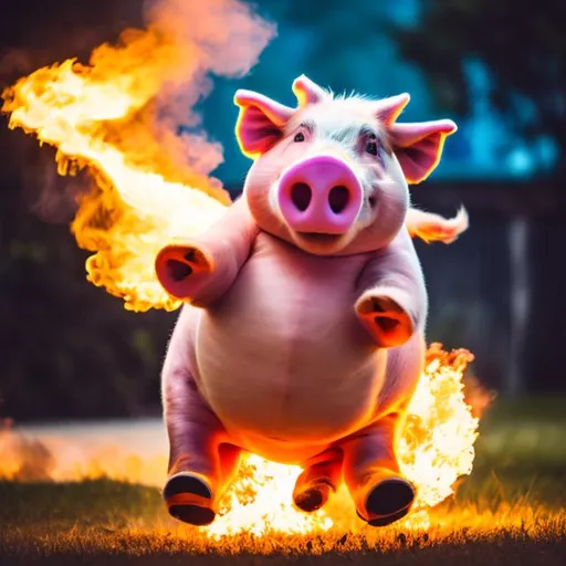 Prompt: dude riding a pig while his arms are on fire