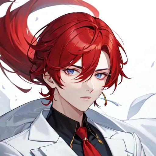 Prompt: Zerif 1male (Red side-swept hair covering his right eye) wearing a royal suit, white shawl