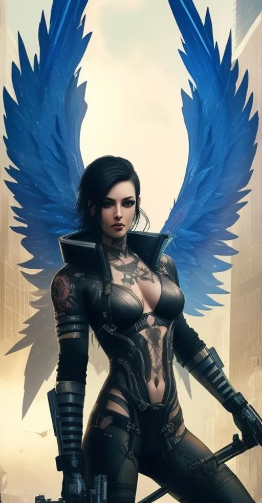 Prompt: Beautiful cyberpunk female with tattoos, apocalyptic, swords, guns, fire, anatomical, dark, gothic, mech, angel wings, battle backgrounds 