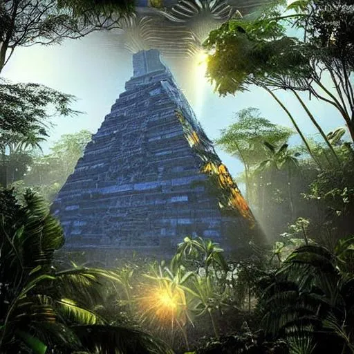 Prompt: A futuristic Mayan pyramid towering above the jungle, receiving a single large laser beam from space.  beautiful hazy morning solarpunk lighting and a feeling of awe