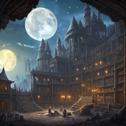 Prompt: A fantasy desolate and huge library with moonlight coming from a window 