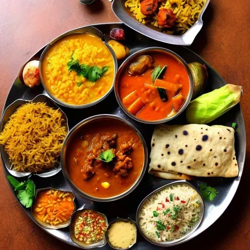 Prompt: imagine a plate with 4-5 veg north indian home cooked food items