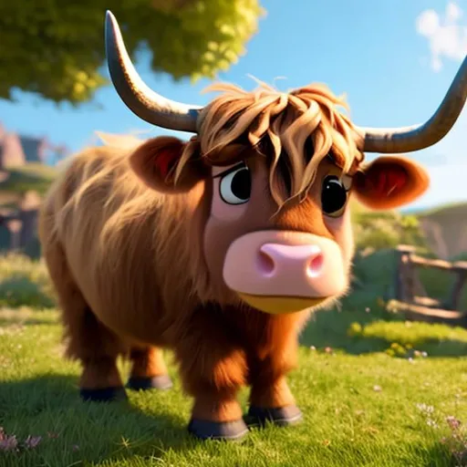 Prompt: cute Scottish highland cow animated character disney-pixar style
