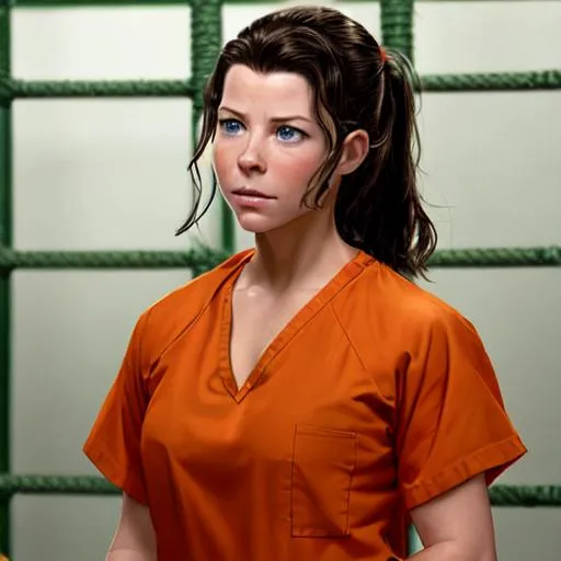 Prompt: young evangeline lilly  in prison wearing orange scrubs prison uniform